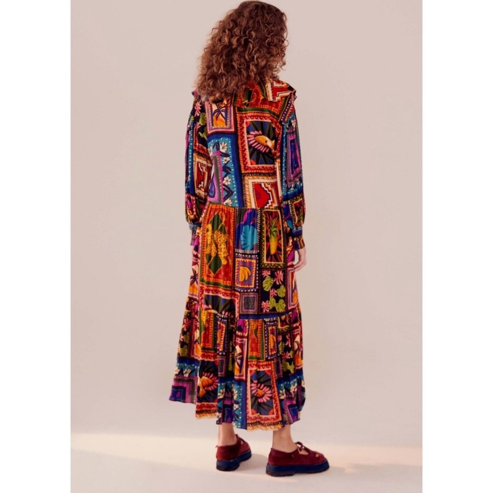 Farm Rio women’s Patchwork Tapestry ankle maxi Dress ruffle V-neck‎ tiered red M - Picture 3 of 11